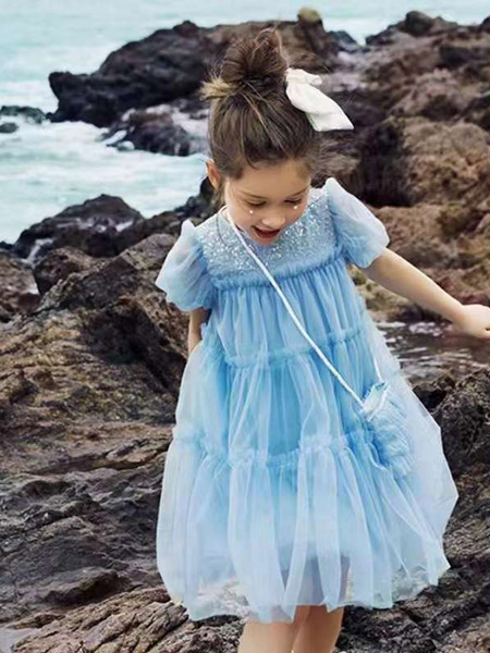 MQD童装品牌2022春夏蓝色韩版公主森系复古时尚气质款欧根纱灯笼袖公主裙蓬蓬裙