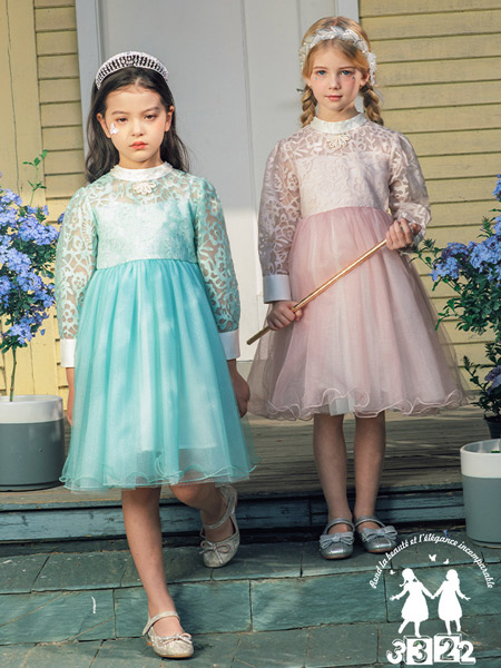 童装品牌2022春夏蓝色小清新欧美森系复古公主气质款蓬蓬长袖欧根纱刺绣公主裙
