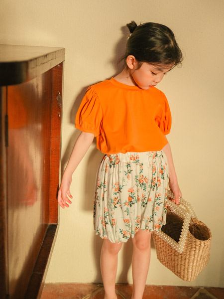 童装品牌2022夏季橘色纯色原创日系公主森系学院复古气质款百搭宽松潮上衣