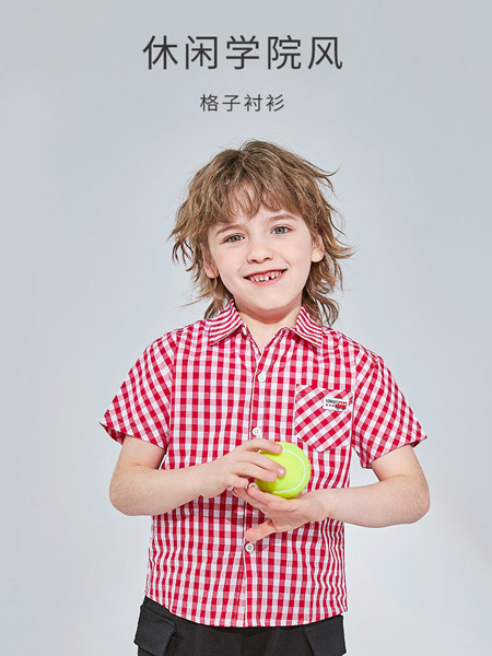 comotomo(O奈)童装品牌2022夏季红色绅士男童宝宝学院风时尚休闲洋气格子短袖衬衣衬衫