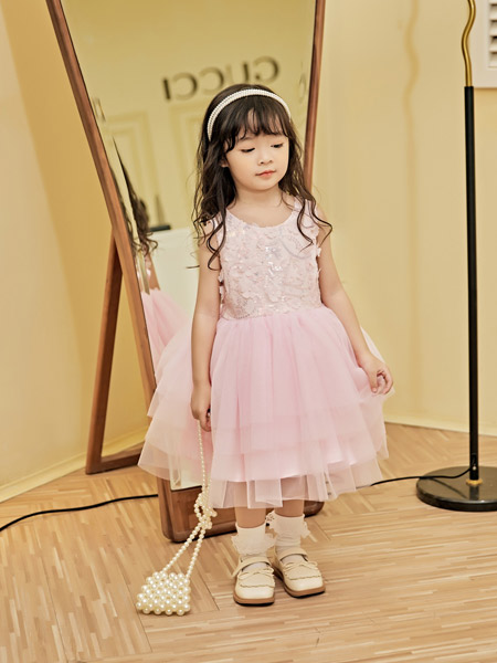 熊卡唯妮童裝品牌2022夏季粉色純色韓版小清新復古歐根紗氣質款蓬蓬裙生日禮服裝公主裙