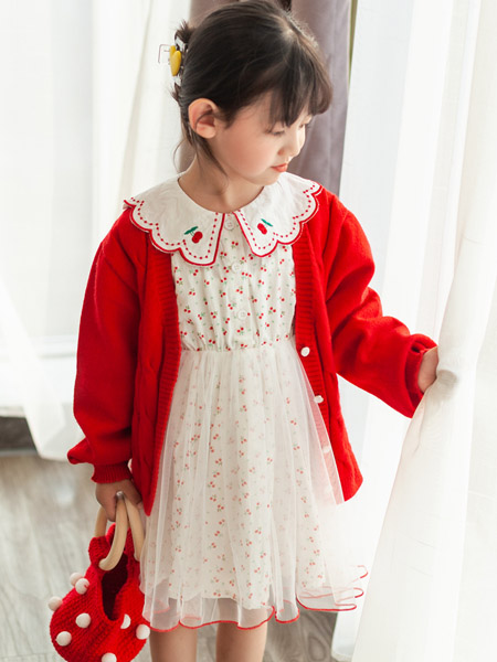 童装品牌2022春夏红色纯色复古风小清新韩版时尚百搭个性短款针织衫外套