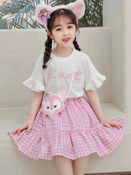 童装品牌2022春夏粉色小清新韩版时尚俏皮学院百搭宽松潮个性格纹半身裙