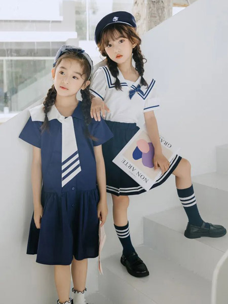 童装品牌2022春夏蓝色韩版学院复古弹力休闲校服不规则宽松T恤连衣裙