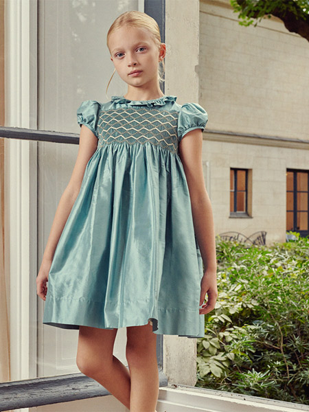 Bonpoint童装品牌2022春夏蓝色韩版公主森系复古气质款户外服装蓬蓬裙生日礼服装