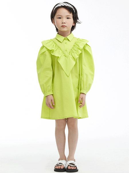 NIESSING尼辛童装品牌2022春夏纯色绿色小清新时尚复古风宽松潮户外服装灯笼袖设计感连衣裙