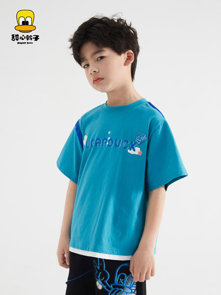 甜心鸭子童装品牌2022夏季蓝色日系通勤风运动风学院潮流网红爆款字母短袖上衣T恤