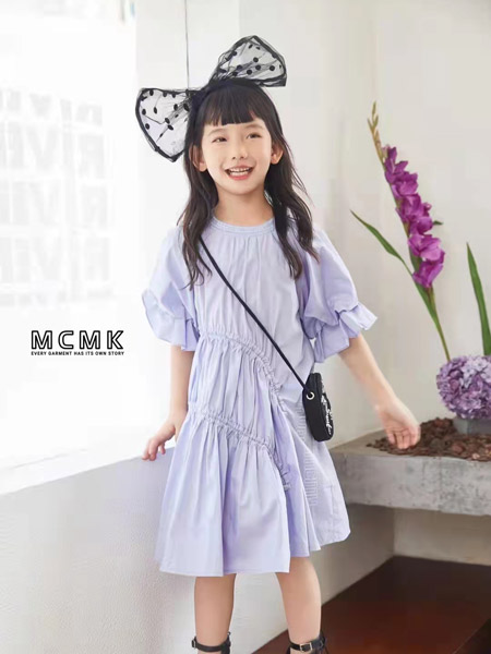MCMK玛卡西童装品牌2022夏季紫蓝色纯色韩版森系学院灯笼袖中袖宽松圆领复古连衣裙