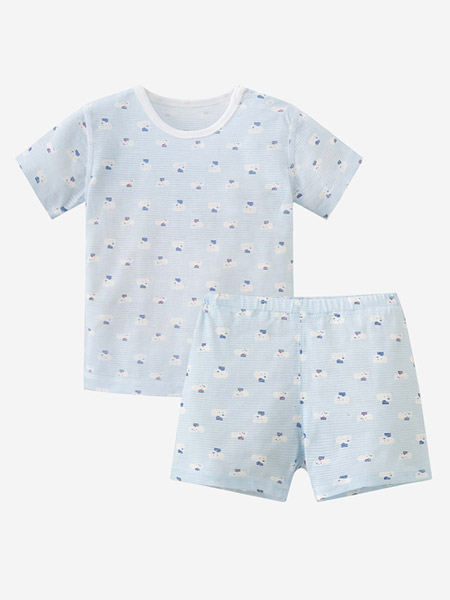 丽婴房童装品牌2022夏季蓝色小清新森系学院运动风宝宝纯棉短袖套装两件装家居服套装