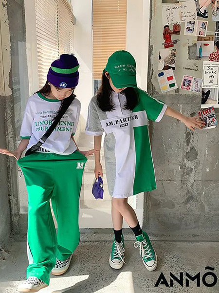 Outride越也童装品牌2022夏季绿色条纹网红爆款阔腿裤