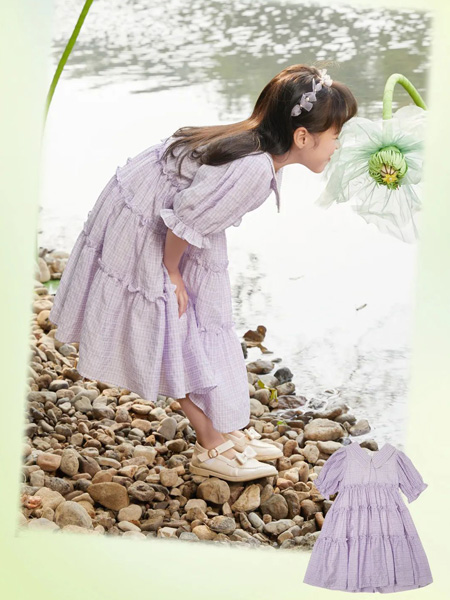 爱法贝童装品牌2022夏季紫色韩版学院格纹时尚连衣裙