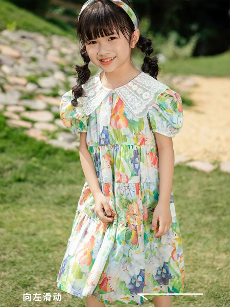 童装品牌2022春夏韩版蕾丝灯笼袖时尚连衣裙
