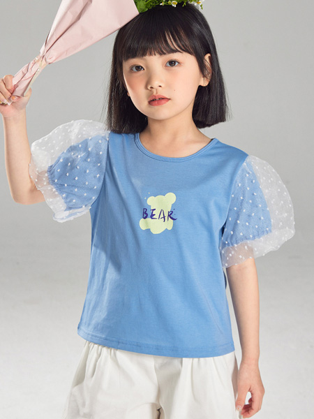 童装品牌2022夏季蓝色波点拼接小清新T恤