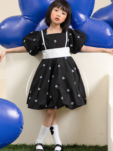 植木森系童装品牌2022夏季黑色韩版方领蓬蓬公主裙