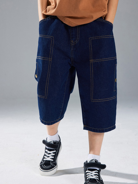 植木森系童装品牌2022夏季深蓝色复古气质款牛仔七分裤