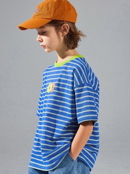 植木森系童装品牌2022夏季蓝色休闲气质款条纹T恤