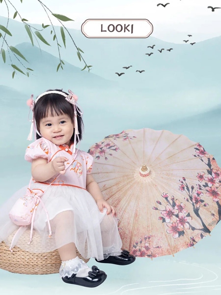 拉比童装品牌2022夏季中国风拼接网纱连衣裙