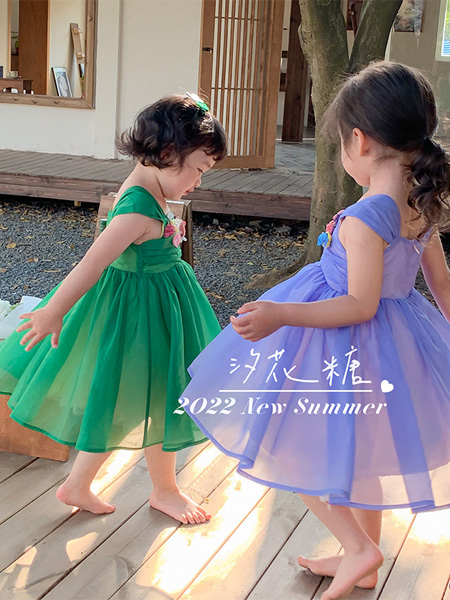 汐花糖 童装品牌2022夏季网纱褶皱清凉连衣裙