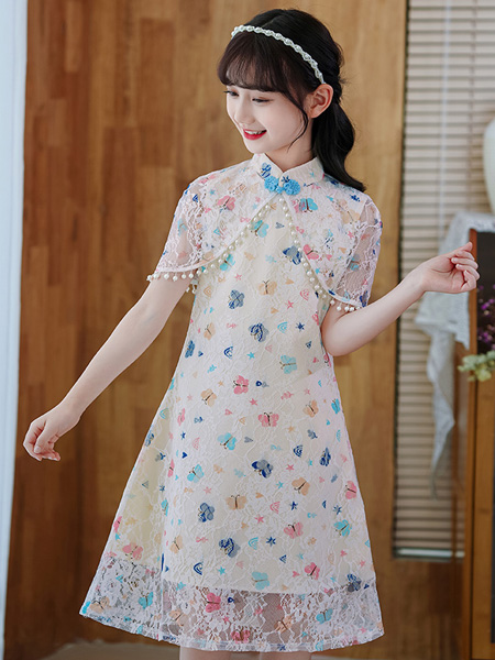 童装品牌2022夏季名媛蕾丝旗袍连衣裙