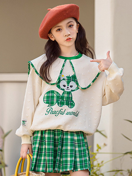 童装品牌2022秋季绿色格纹短裙
