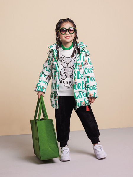 杰米熊童装品牌2022冬季绿色字母印花外套