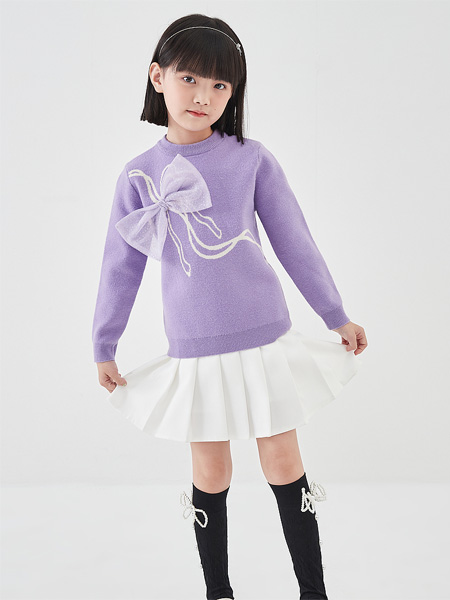 笛莎童装品牌2022冬季蝴蝶结配饰紫色毛衣