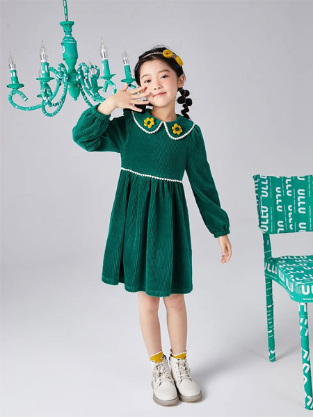 MCMK玛卡西童装品牌2022秋冬甜美绿色长裙
