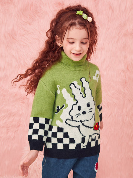 爱法贝童装品牌2022冬季格子绿色毛衣