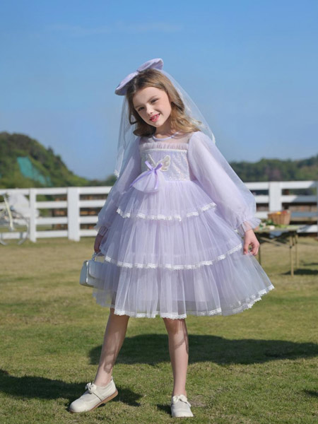 芭乐兔童装品牌2023春夏紫色系长袖公主裙